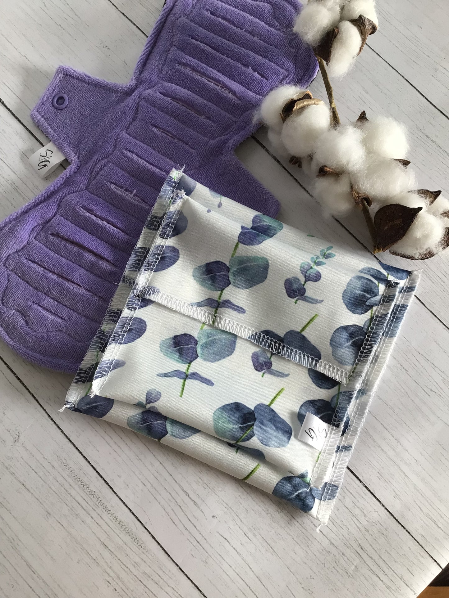 Purple eucalyptus PUL cloth pad wrappers in 2 sizes