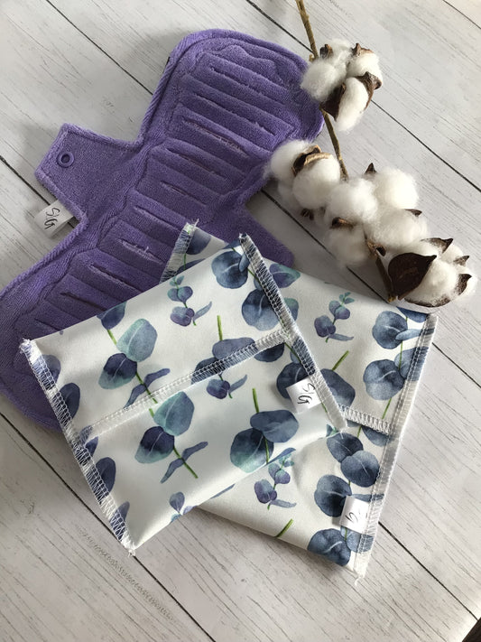 Purple eucalyptus PUL cloth pad wrappers in 2 sizes